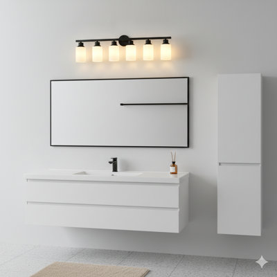 A Set Of Six-Light Wall Sconces In A Matte Black Finish, Equipped With White Glass Shades (Light Bulbs Are Not Included), Providing Ambient Lighting For Bedrooms And Living Rooms.