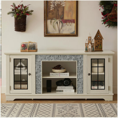58" Modern TV Stand with 2-Door Storage, Faux Stone Media Console Cabinet, White Large Entertainment Center