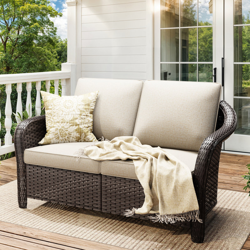 2-Person Polyethylene Wicker Outdoor Loveseat Sofa with Beige Cushions, Beige