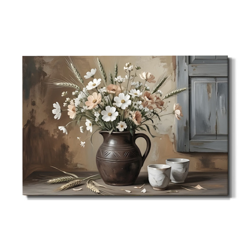 « Thé de l'après-midi et fleurs », reproduction d'une aquarelle florale champêtre sur toile tendue - Rose