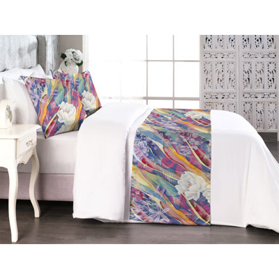 Ambesonne Floral Design Bed Runner Set Psychedelic Flowers Ivory Multicolor