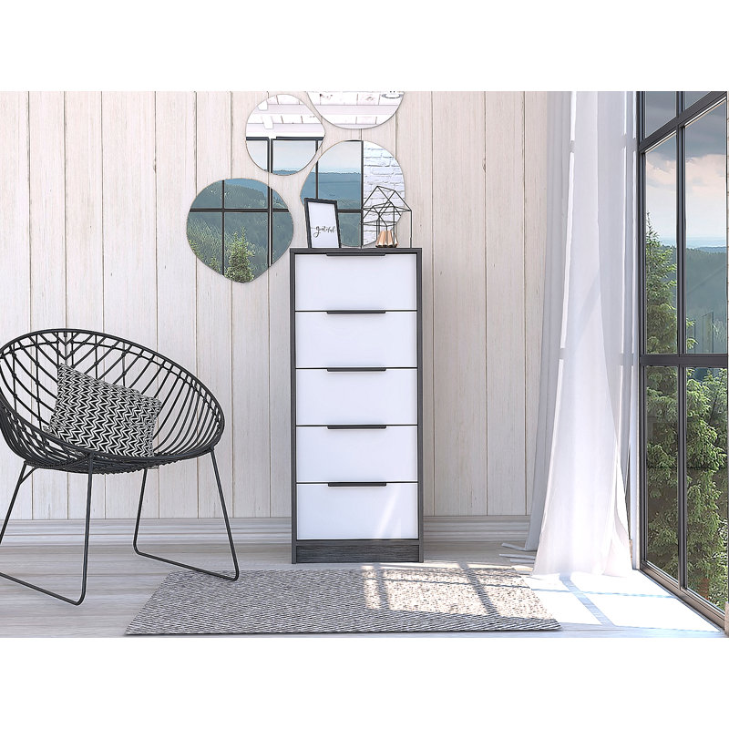 Commode 5 tiroirs, commode verticale, Blanc / Gris