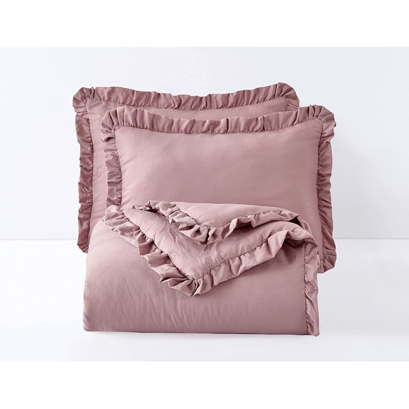 Nora Washed Microfiber Ruffled Comforter Set, King Comforter + 2 King Shams, Mauve