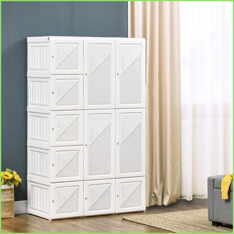 Portable Wardrobe Closet with 11 Cubes, Hanging Rod | Magnet Doors | White ABS