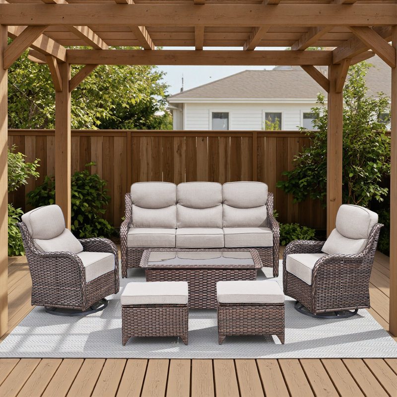 6-Piece Outdoor Wicker Patio Conversation Set With Swivel Chairs And Coffee Table, Beige, Brown