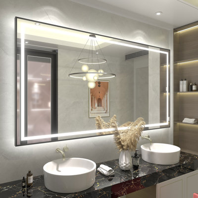 Miroir de salle de bain / meuble-lavabo à cadre en verre trempé à DEL certifié anti-buée Wayfair Basics®