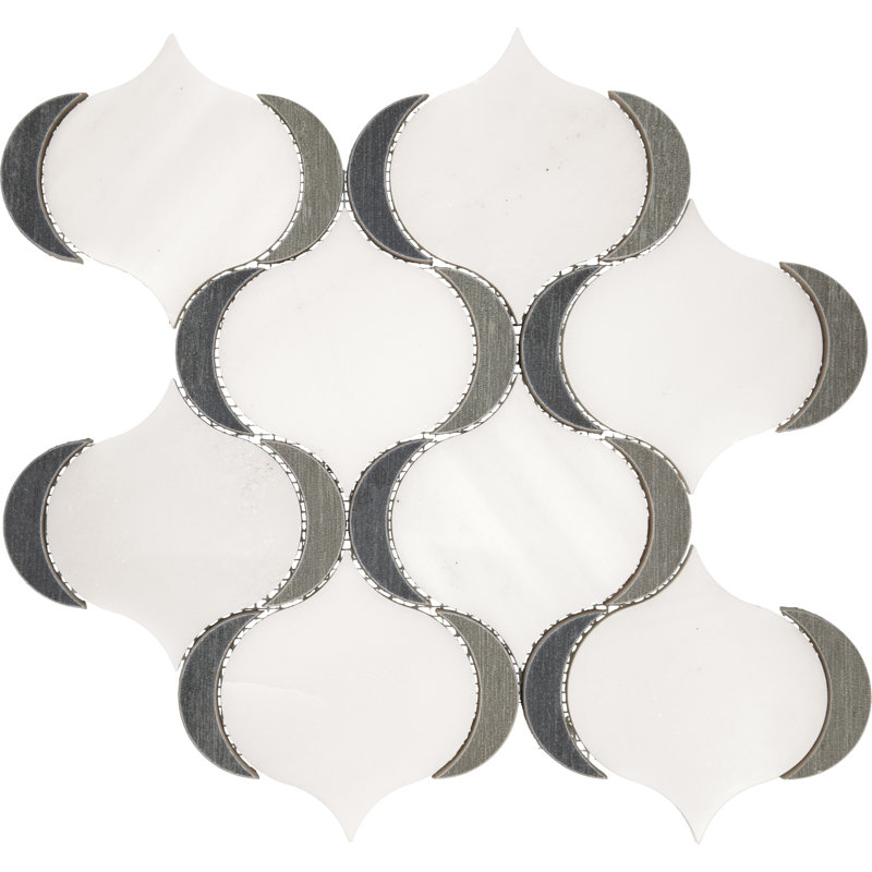 13" x 14" Natural Stone Mosaic Tile, White/Midnight Grey