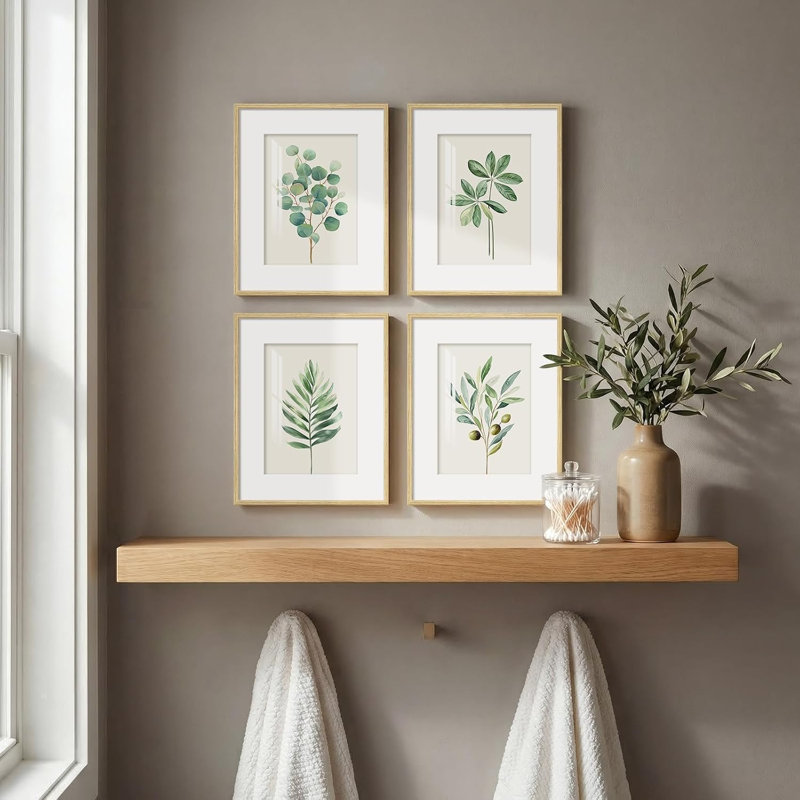 Ensemble de 4 tableaux muraux encadrés représentant des feuilles botaniques vert sauge