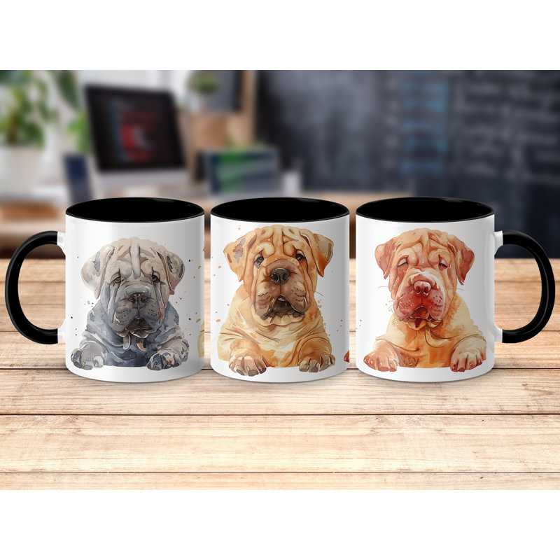 Shar Pei Puppies Watercolor Design 11oz Coffee Mug, 3, Black