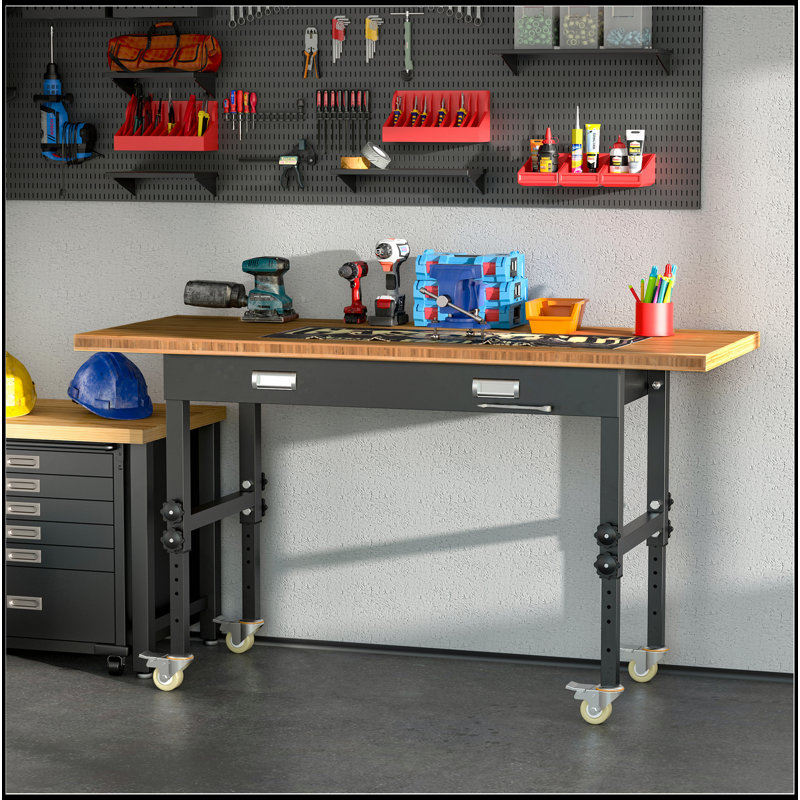 Banc de travail 59 po avec tiroir, pieds réglables en hauteur, table de travail en bambou pour table de travail sur roulettes pour le garage, capacité de poids de 1320 lb, noir / naturel