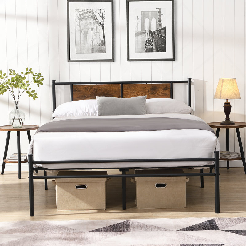 Grande tête de lit en métal avec panneau décoratif en bois noir, Noir / brun, Métal / bois, Queen