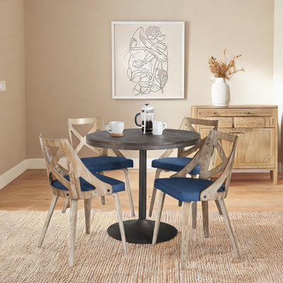 Ensemble de salle à manger 5 pièces avec table ronde et 4 chaises, sièges rembourrés en tissu bleu foncé, bois espresso et métal antique, plateau de table de 36 pouces pour la cuisine ou le coin-repas