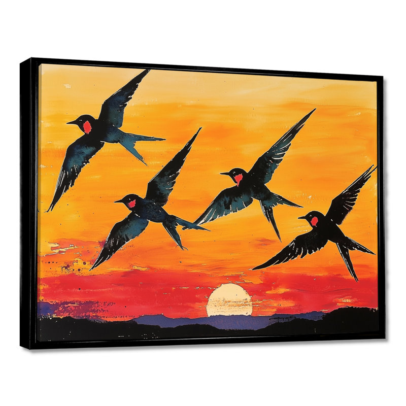 Swallows at Sunset - oiseau, art mural, H 16 po x l 32 po, Cadre flottant, Noir