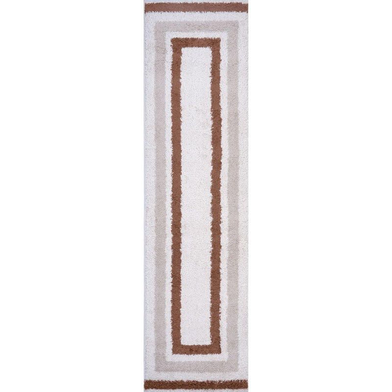 Moodi Modern Shaggy Area Rug Geometric Border Design, Runner 80 x 300 cm, Off-White Beige/Terra