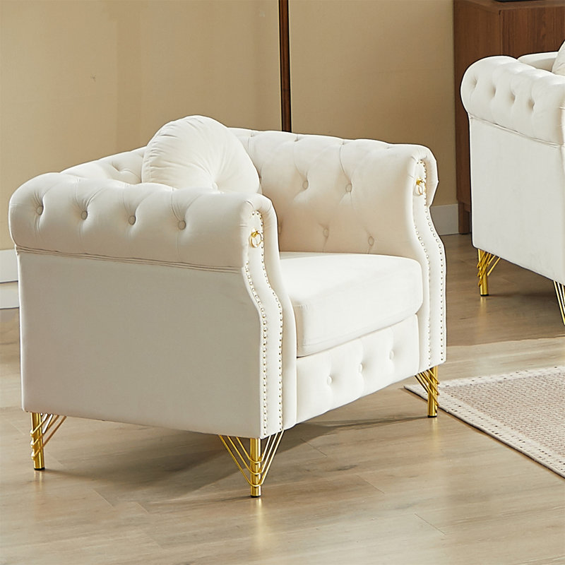 Canapé Chesterfield en velours avec coussins ronds, Beige