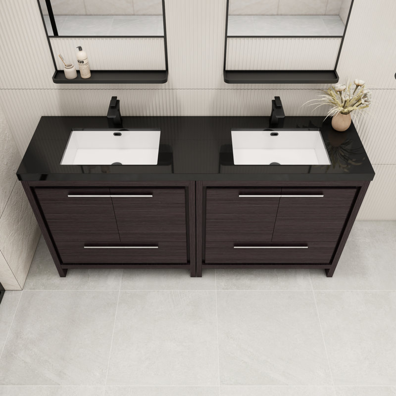 Catori 72" Double Bathroom Vanity Set, Black Gray Oak
