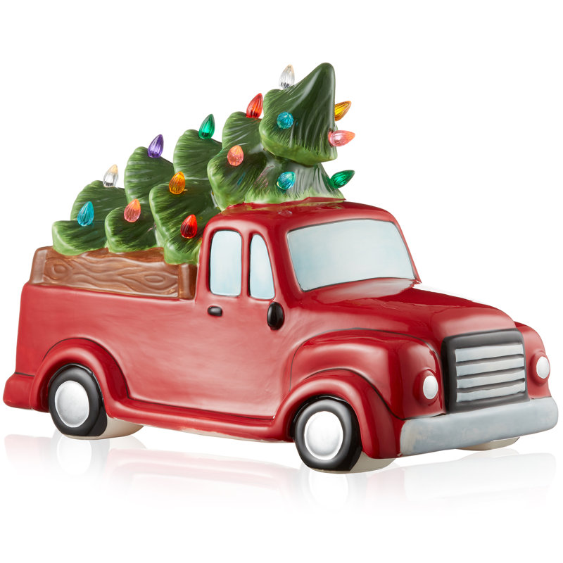 Hand-Painted Red Ceramic Christmas Truck with Green Tree and LED Lights