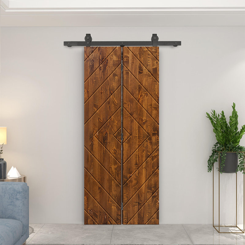 Stained Pine Wood Bi-Fold Barn Door with Sliding Hardware Kit, Walnut, 28" x 80"