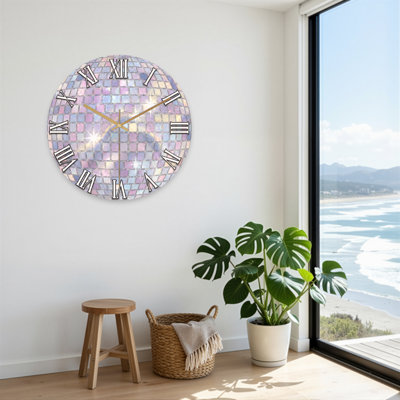 Stylish Iridescent Mosaic Tile Pattern With Roman Numerals On Sphere Ultra Clear Glass Wall Clock