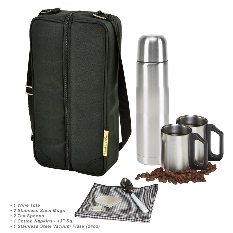 Black Stainless Steel Travel Coffee Tote for 2 with Vacuum Flask and Cups