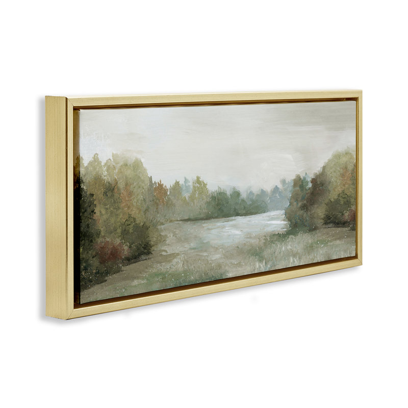 Paysage de campagne aux tons neutres, H 11 po x l 25 po, Cadre flottant gris lustré