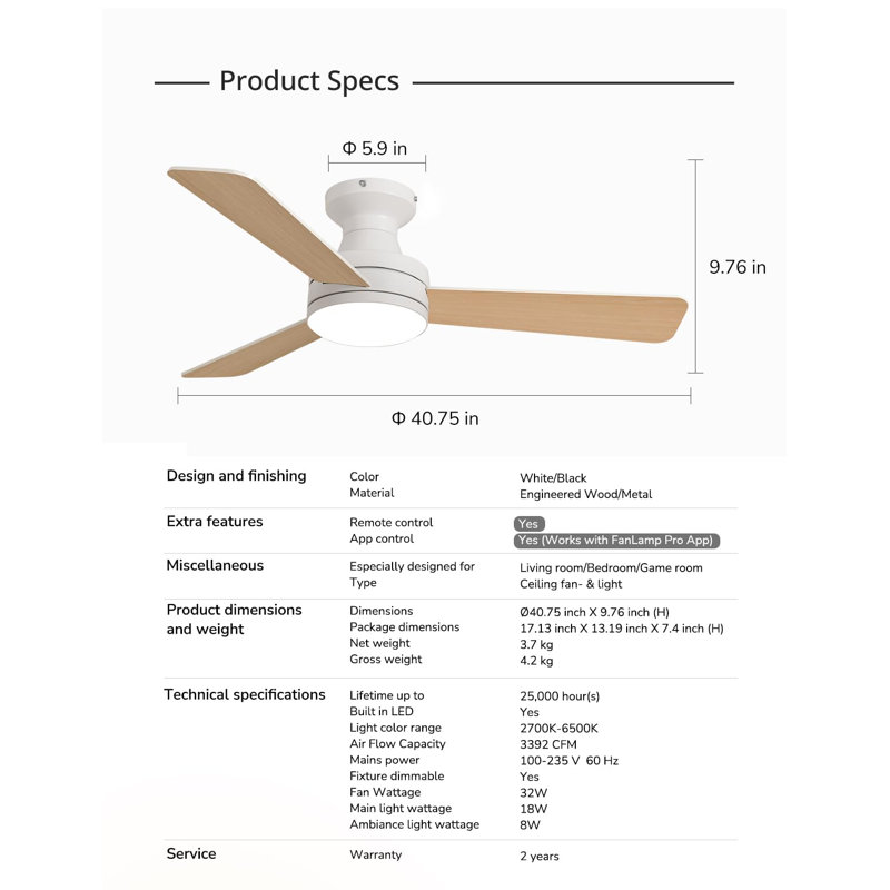 Ventilateurs de plafond de 42 po avec éclairage Ebern Designs, avec rétro-éclairage RVB, éclairage à intensité variable avec télécommande / commande APP