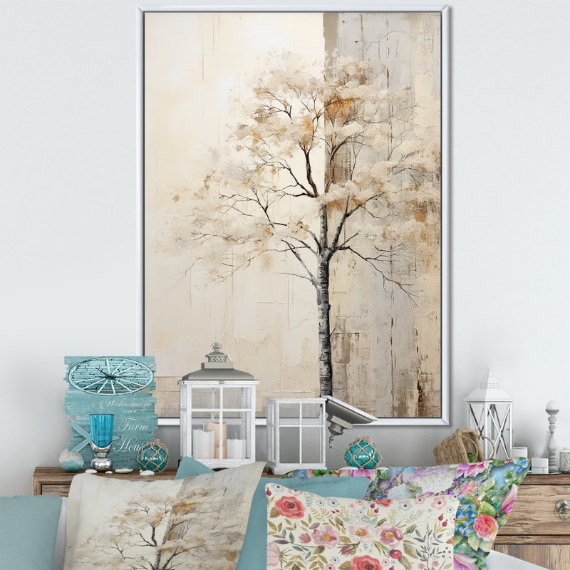 Chêne beige solitude sur toile, H 32 po x l 16 po x P 1 po, Cadre flottant blanc