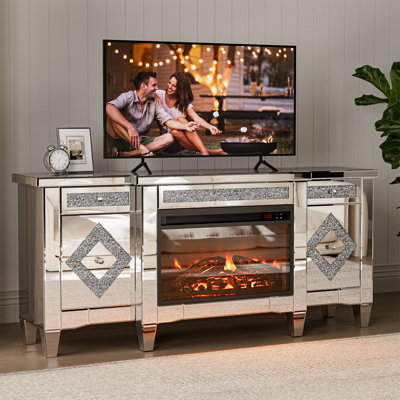 Mirrored Tv Stand With Fireplace For 65+ Inch Tv, Silver Electric Fireplace With Drawers And Storage Space, Modern Entertainment Center With Crushed Diamond For Living Room Remote Control