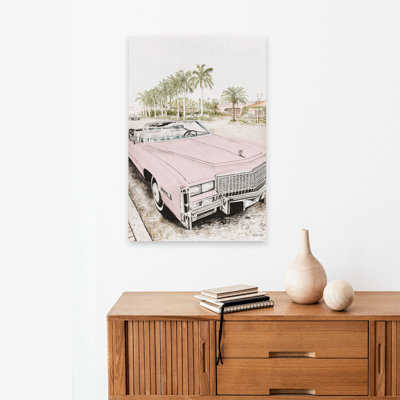 «Coastal Cruisin '- Tropical Vintage, rose classique, Cadillac, palmiers, journée ensoleillée, art