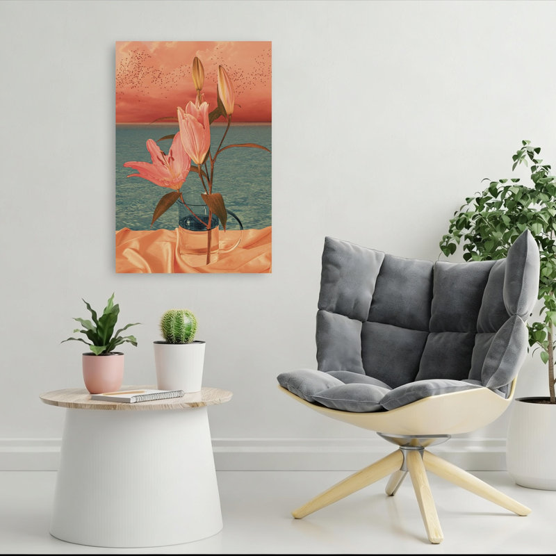 Lys roses, coucher de soleil sur la mer, style rétro surréaliste, abstrait, oiseau et paysage floral - Affiche murale