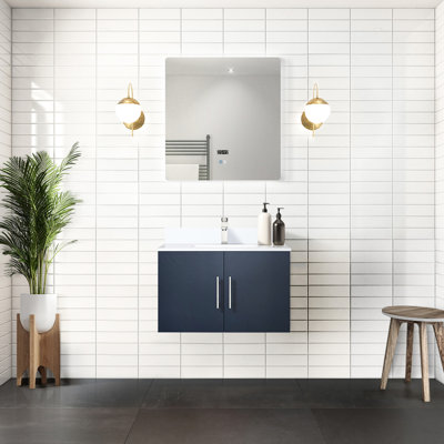 Meuble-lavabo bleu marine 30 po x 22 po avec surface en marbre et miroir DEL - fermeture en douceur, conception robuste résistante aux rayures