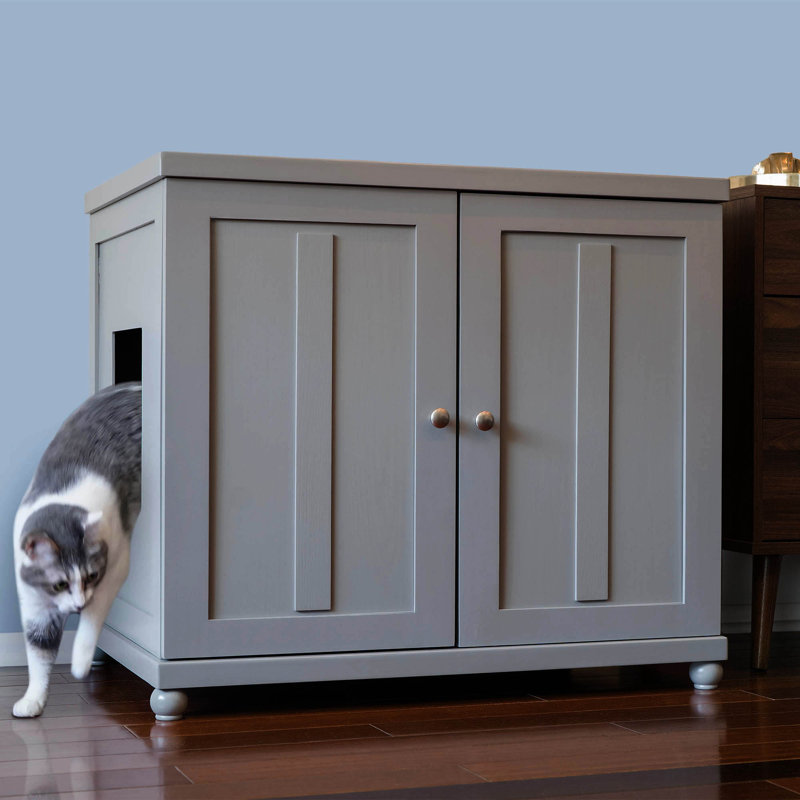 The Refined Litter Box - Wood Cat Litter Box Enclosure Cabinet with Drawer, Shaker Style + Feet, Smoke, Tapered, Extra Large
