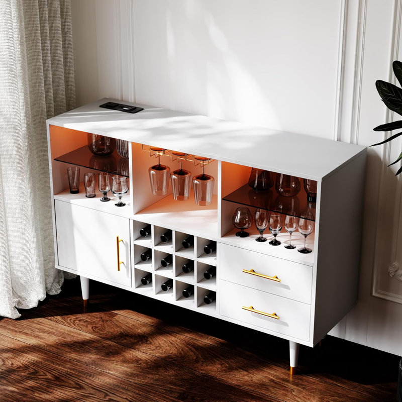 Bar Cabinet and Buffet Table - LED Light Charging Station, Sideboard with Storage