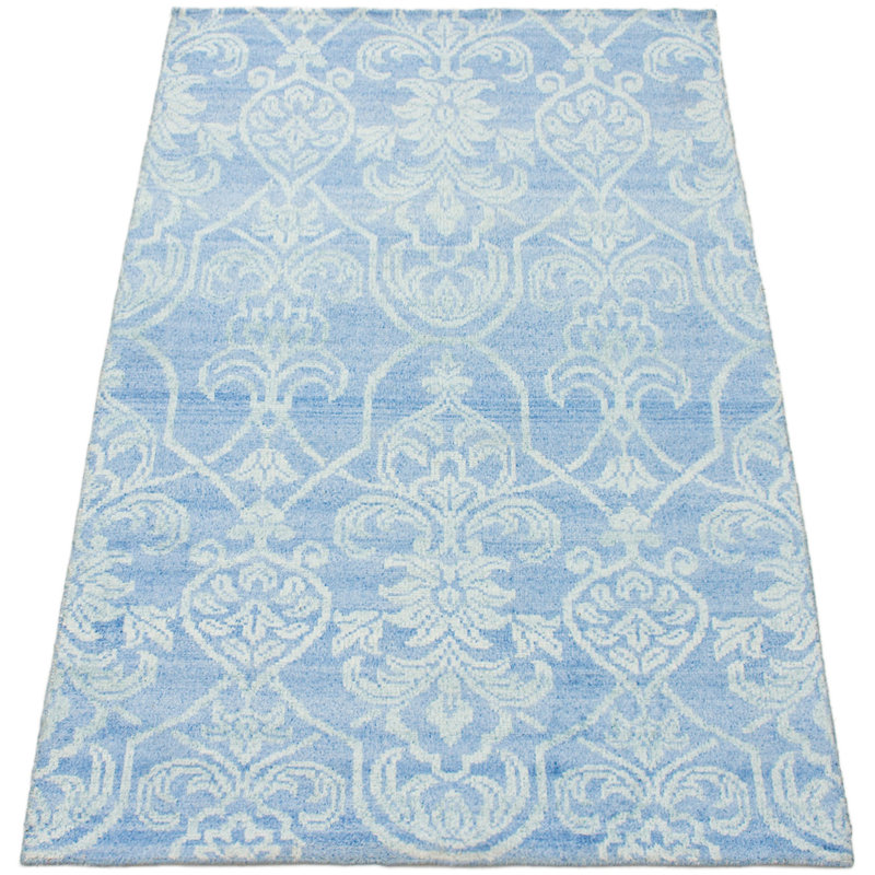 Tapis unique en viscose noué à la main des années 2010 de 4 pi 11 po x 7 pi 9 po bleu clair Quannell
