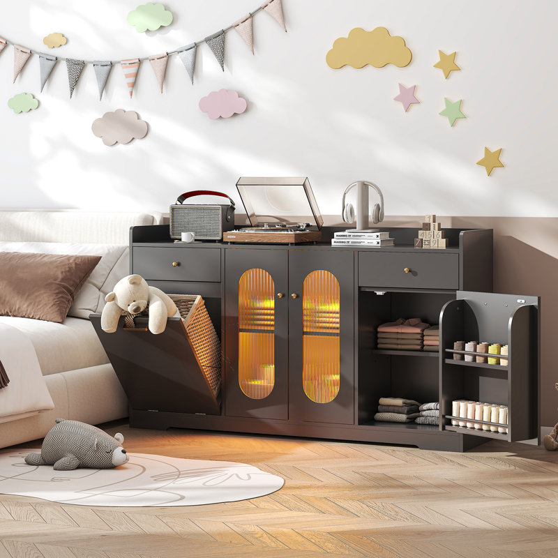 54'' Large Evynn With Led Light And 2 Drawers, Evynn With Trash Can Storage And Adjustable Shelves, Black