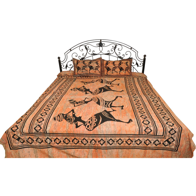 Peach Bloom Batik Cotton Sheet Set – Artisan "Village Belles" Folk Art Bedspread with Pillow Shams