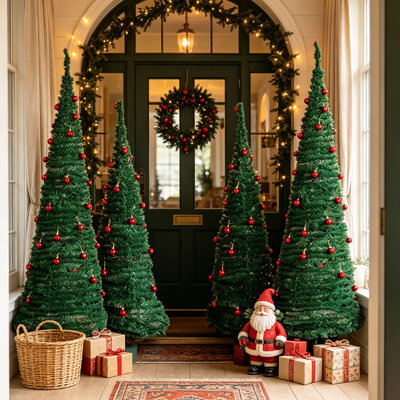 Ensemble de 4 sapins de Noël artificiels pliables, 1,5 m et 1,8 m, pré-décorés, en PVC pliable avec boules rouges, idéal pour la décoration de la maison, du bureau, d'un magasin ou d'une entrée.