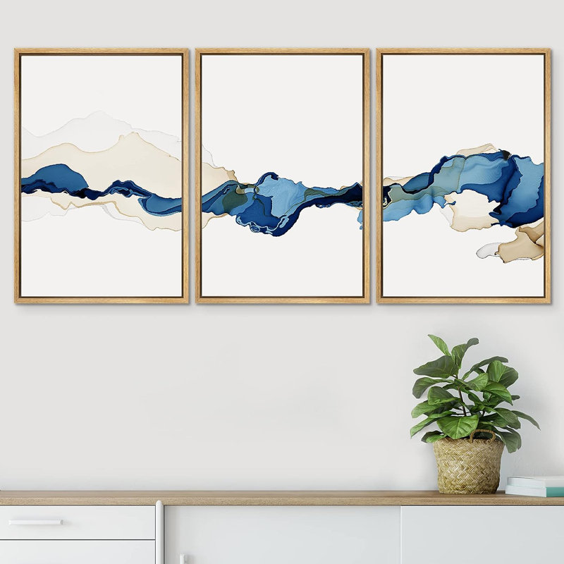 Blue and Brown Abstract Watercolor Canvas Triptych