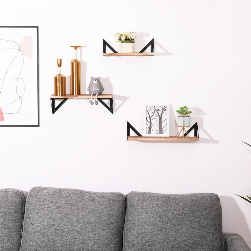 3 tablettes murales murales avec supports - 3 flottants en bois naturel pour la chambre à coucher, le salon, la cuisine et la salle de bain