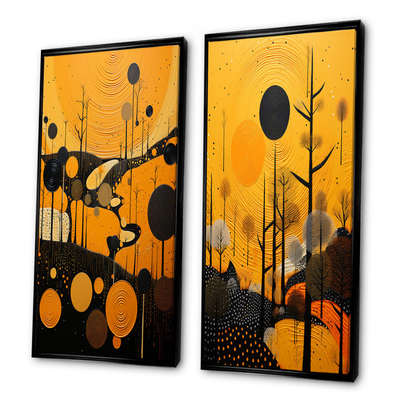 «Native Safran and Ebony Heritage - Abstract Landscape Wall Art Living Room», ensemble de 2, Cadre flottant noir