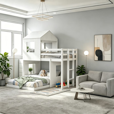 Treehouse Wooden L-Shaped Twin Over Full Reversible Bunk Bed Frame with Roof and Window Harper Orchard