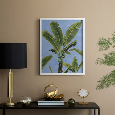 «Banana Leaves on Blue I», reproduction encadrée - bois massif