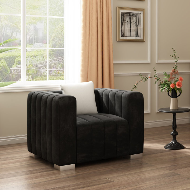 Clifford 35.4'' Velvet Armchair Upholstered Living Room Chairs, Modern Accent Chair for Bedroom, Black, Black, Silver