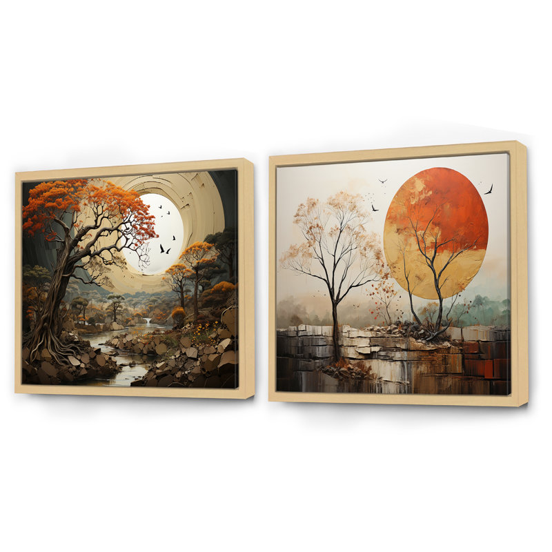 Baobab Tree Harmony I - ensemble de 2 collages floraux carrés, Cadre flottant brun, H 36 po x l 73 po