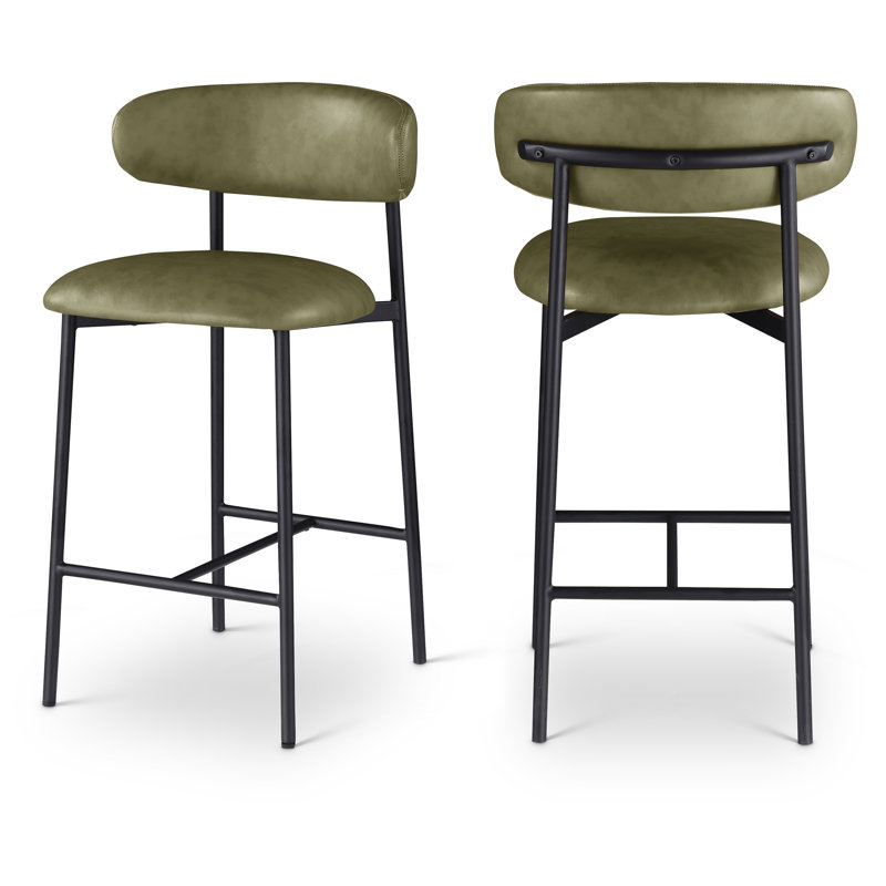 Tabouret de comptoir Lupita, Noir mat, Cuir olive végétalien