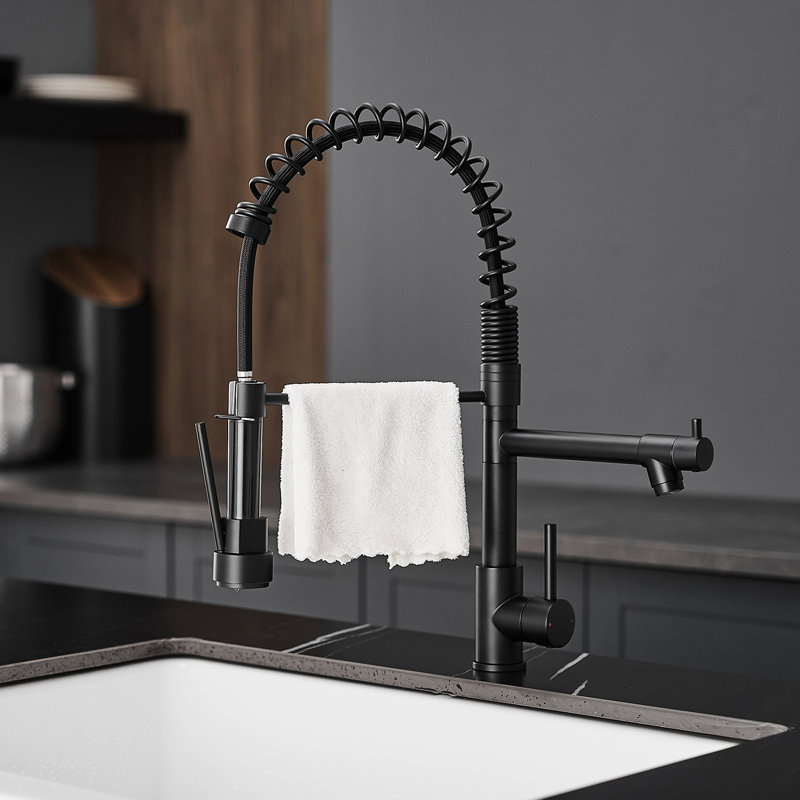 Robinet de cuisine noir avec distributeur de savon, rétractable, acier inoxydable 304, un trou, poignée, plaque commerciale