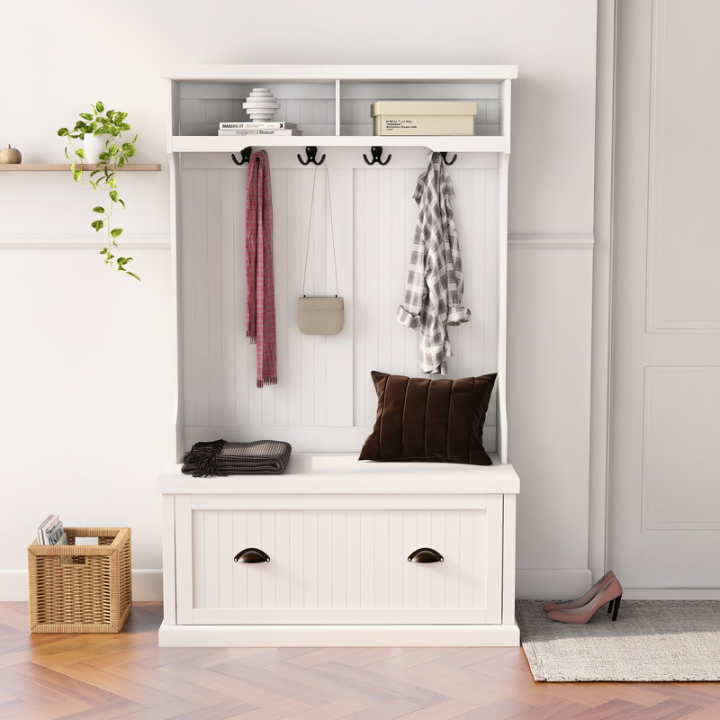 Banc pour hall d'entrée avec portemanteau et rangement pour chaussures, 4 crochets en blanc - matériau robuste à 4 crochets