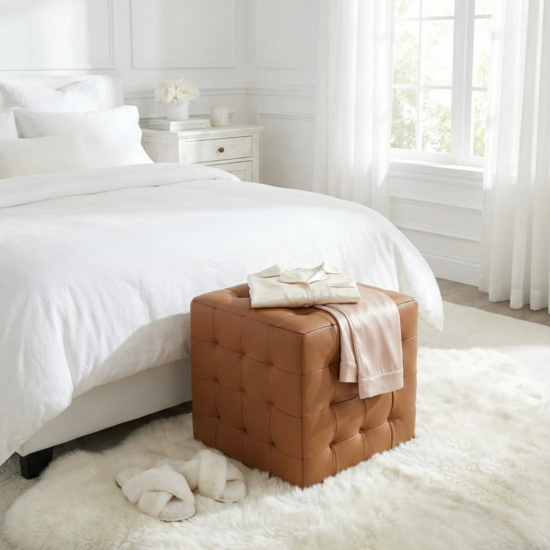 Phabian Tufted Cube Ottoman in 100% Genuine Leather, saddle brown, Saddle Brown
