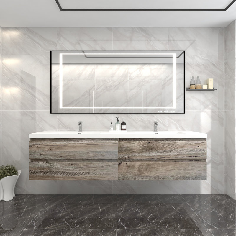 Dameion 84 " W Wall Mounted Wall Mounted 2 Double Vanity Bathroom Vanity With Acrylic Top, Natural Wood