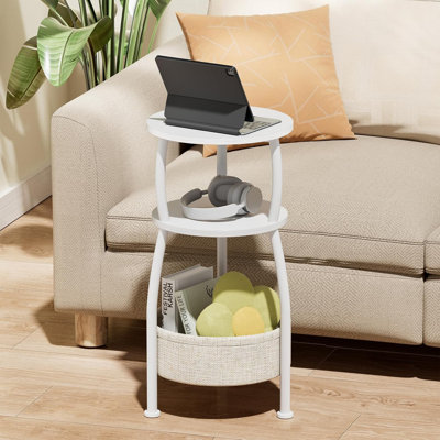 Table d'appoint ronde à 3 niveaux avec panier de rangement en lin - Table de bout en grain de bois pour petits espaces